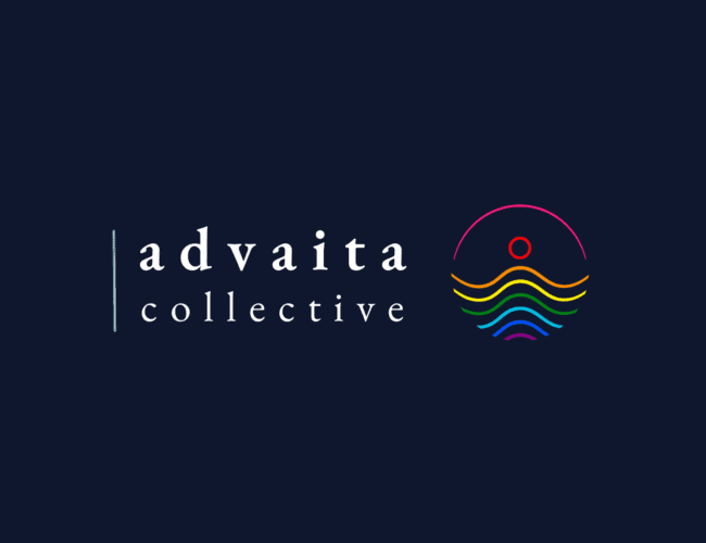 Logo for Advaita Collective. The design features white serif text on a dark background with "advaita" above "collective". To the right, there’s an abstract icon of a circle and wavy lines in vibrant colors, suggesting unity and diversity.