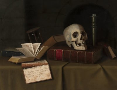 A still life featuring an open book, a skull, an hourglass, a letter, and a candle on a dark table with books. The setting gives a somber, contemplative atmosphere with a focus on themes of time and mortality.